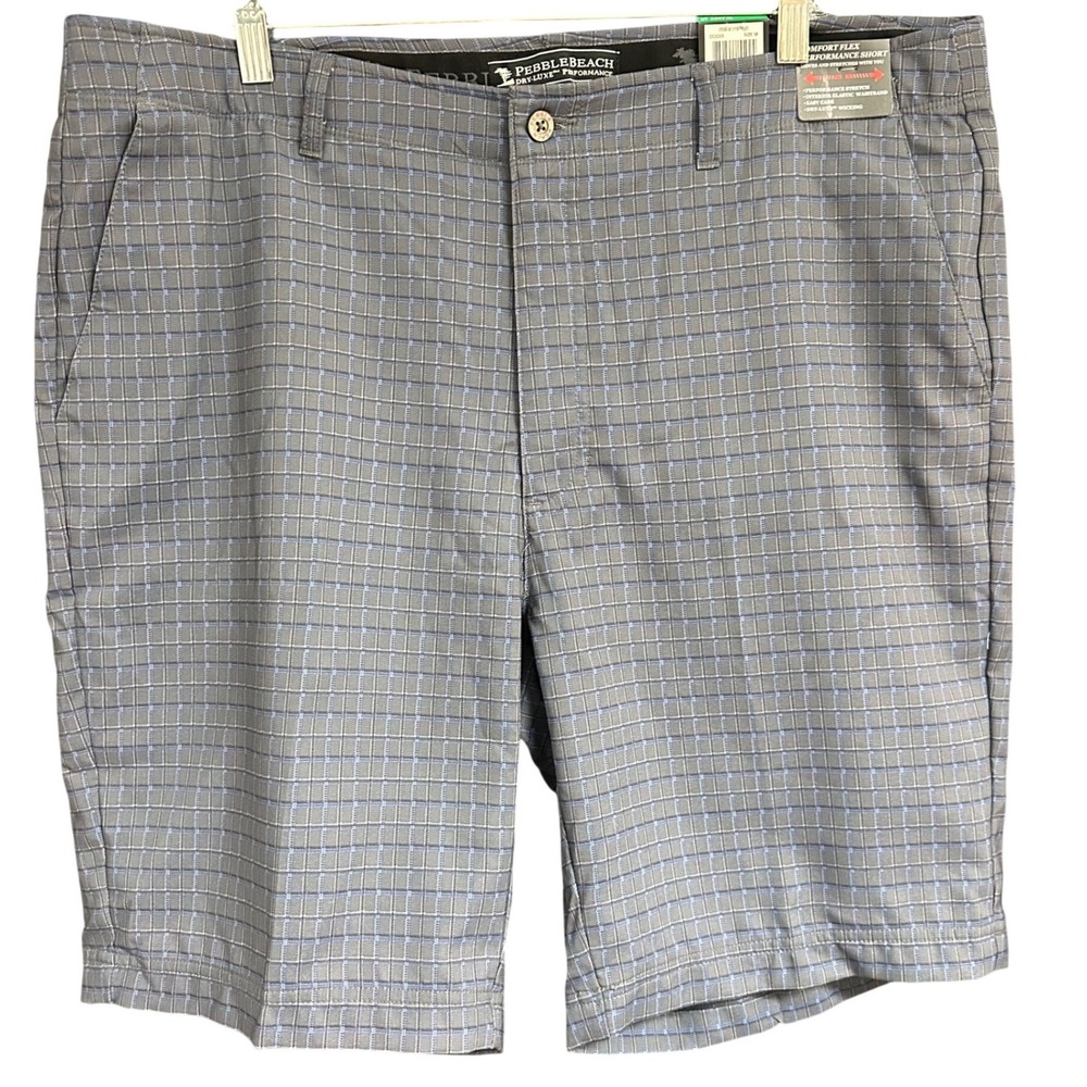 Pebble Beach Mens Dry-Luxe Performance Golf Shorts Grey Blue Grid Size 38 NWT